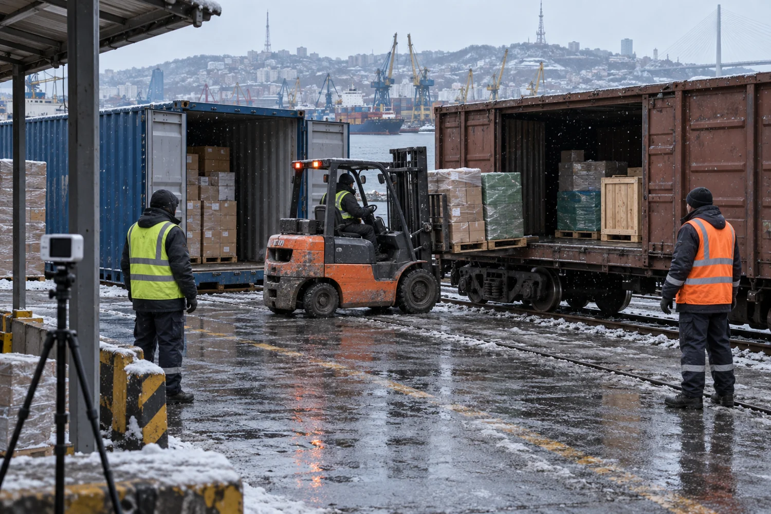 Видеозапись перегрузки контейнера в вагон во время мокрого снега